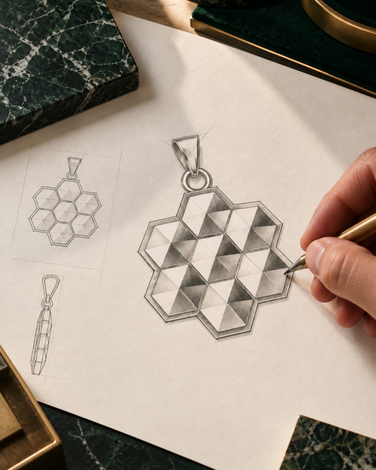 Pencil design sketch of a honeycomb pendant: front, detail and side views